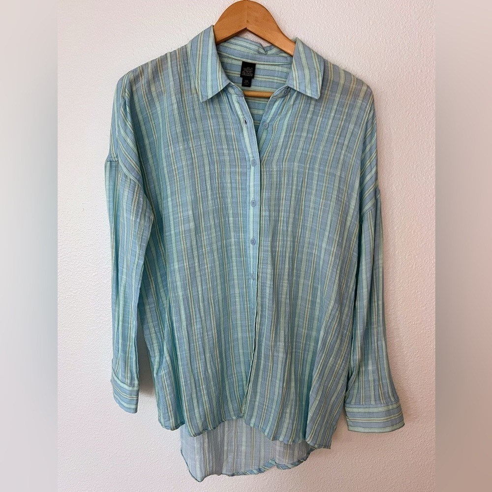 Coastal Sheer XS Striped Long Sleeve Gauze Soft Button Down Blouse Cover Up Top